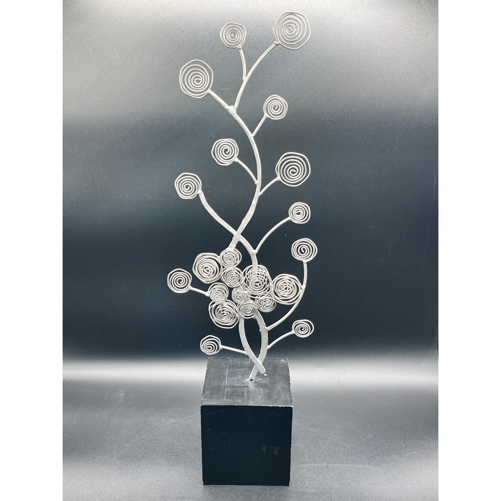 Silver Metal Tree Circle Swirl Sculpture‎ Black Base 19" MCM Decorative Abstract